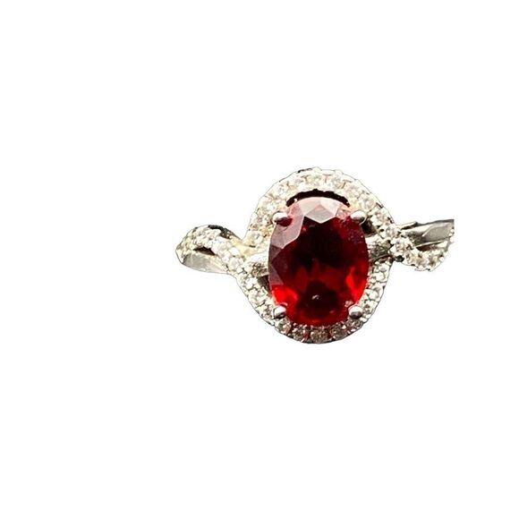 Sterling silver 925 simulated Ruby And diamond halo ring size 8 - Picture 1 of 10